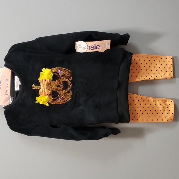 Kensie Girl 3-piece Plush Black Top with Polka Dot Leggings and Hea… - Picture 1 of 9
